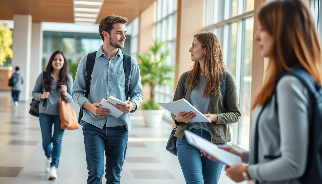 Students studying together in modern classroom